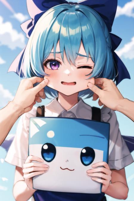 00002-3425861123-masterpiece, best quality,1girl,  ,cheekpinching,cheek pinching, holding,upper body,one eye closed,looking at viewer,pov, ,cirno.png